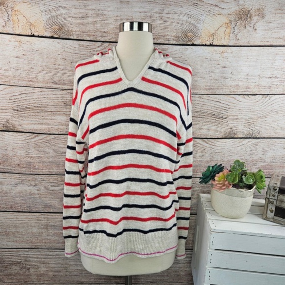 Lou & Grey Striped Hoodie Sweater Womens XS Red Navy V Neck Knit‎ Pullover